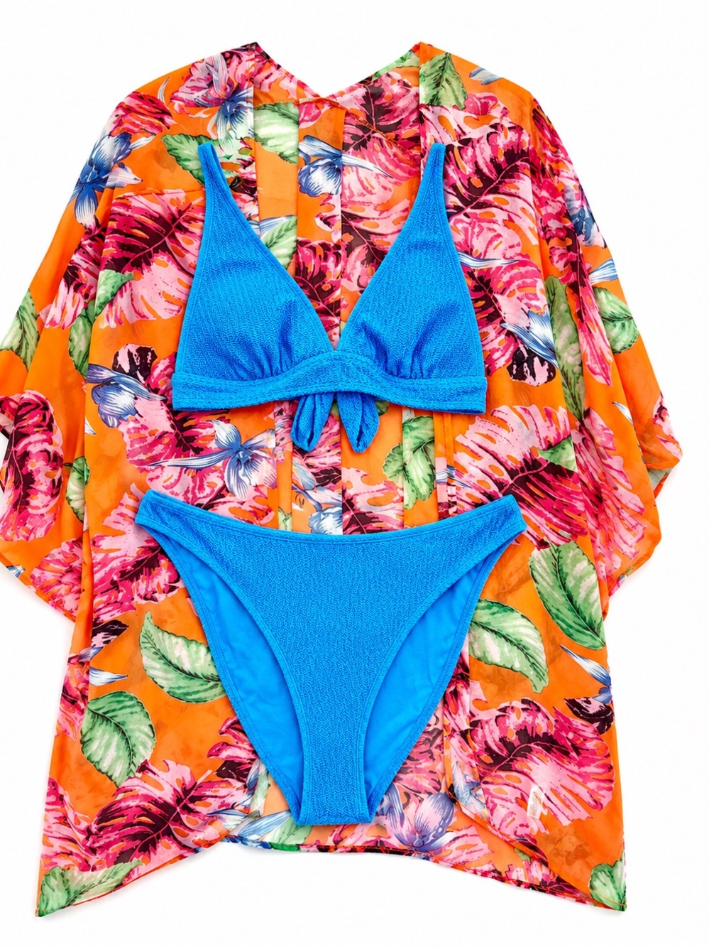 Tropical Vacation Bikini & Kimono Cover Up Set 🌺 Blue Crinkle Swimwear L/XL